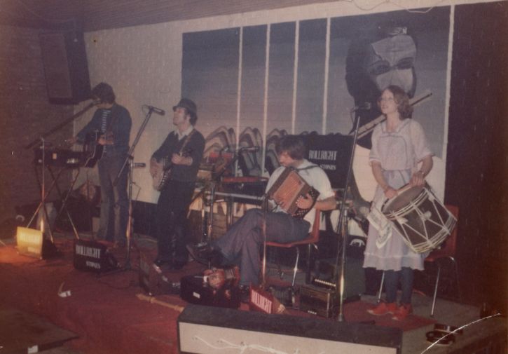 The Rollright Stones at a gig in Belgium, 1979. L to R: Pete Kenna, Dave Favis-Mortlock (me), Bryan Sheppard, Christine Sheppard